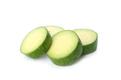 Photo of Slice of fresh seedless avocado isolated on white