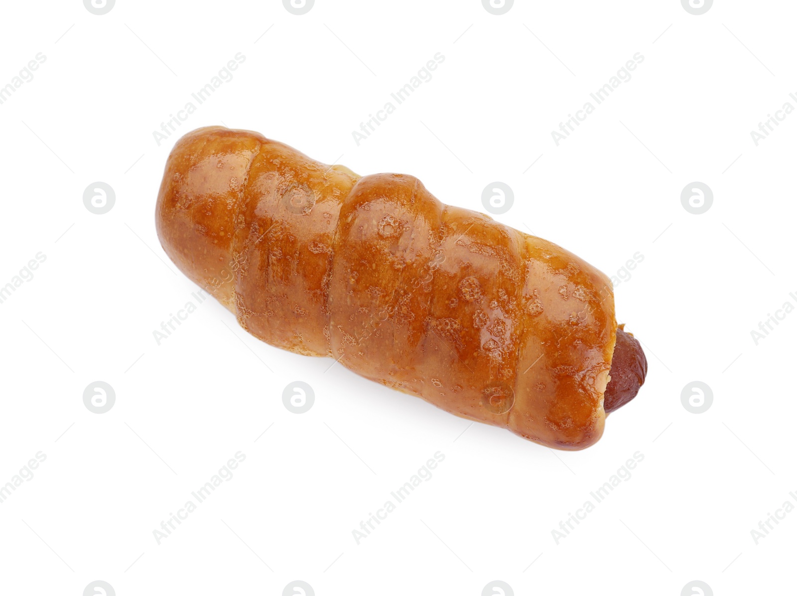 Photo of One delicious sausage roll isolated on white, top view