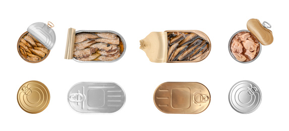 Set of different canned fish on white background, top view. Banner design