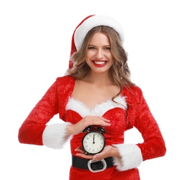 Beautiful Santa girl with alarm clock on white background. Christmas celebration