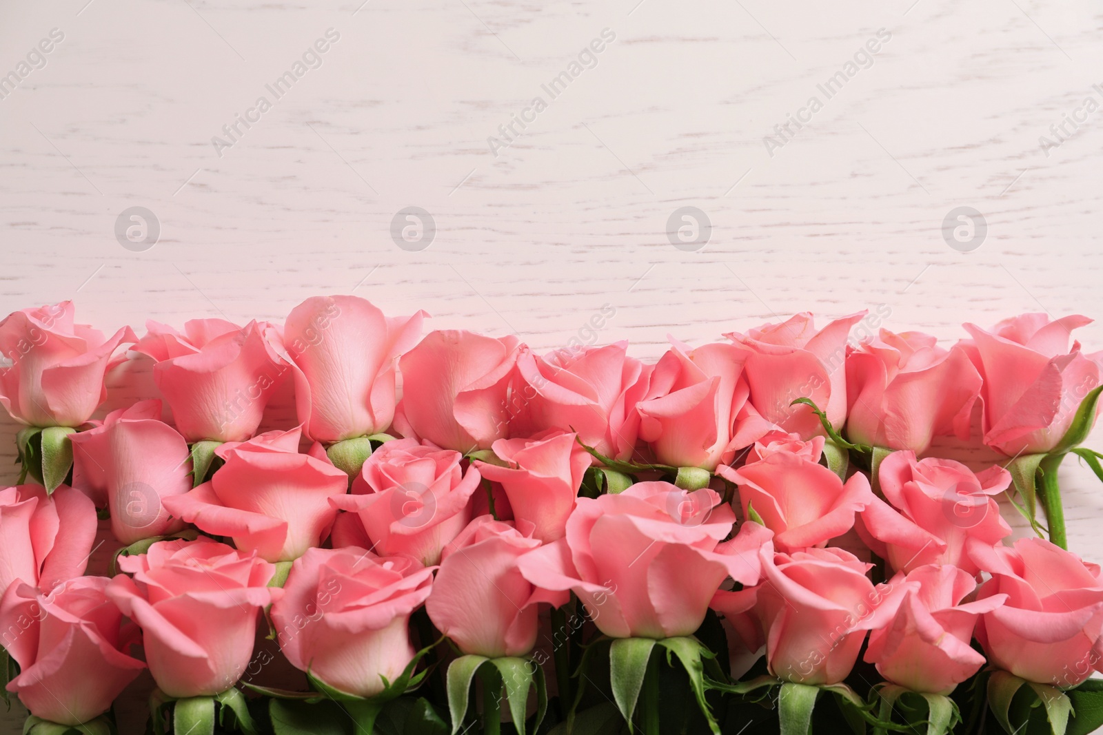 Photo of Beautiful roses on wooden table