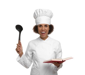 Photo of Emotional female chef in uniform holding ladle and recipe book on white background