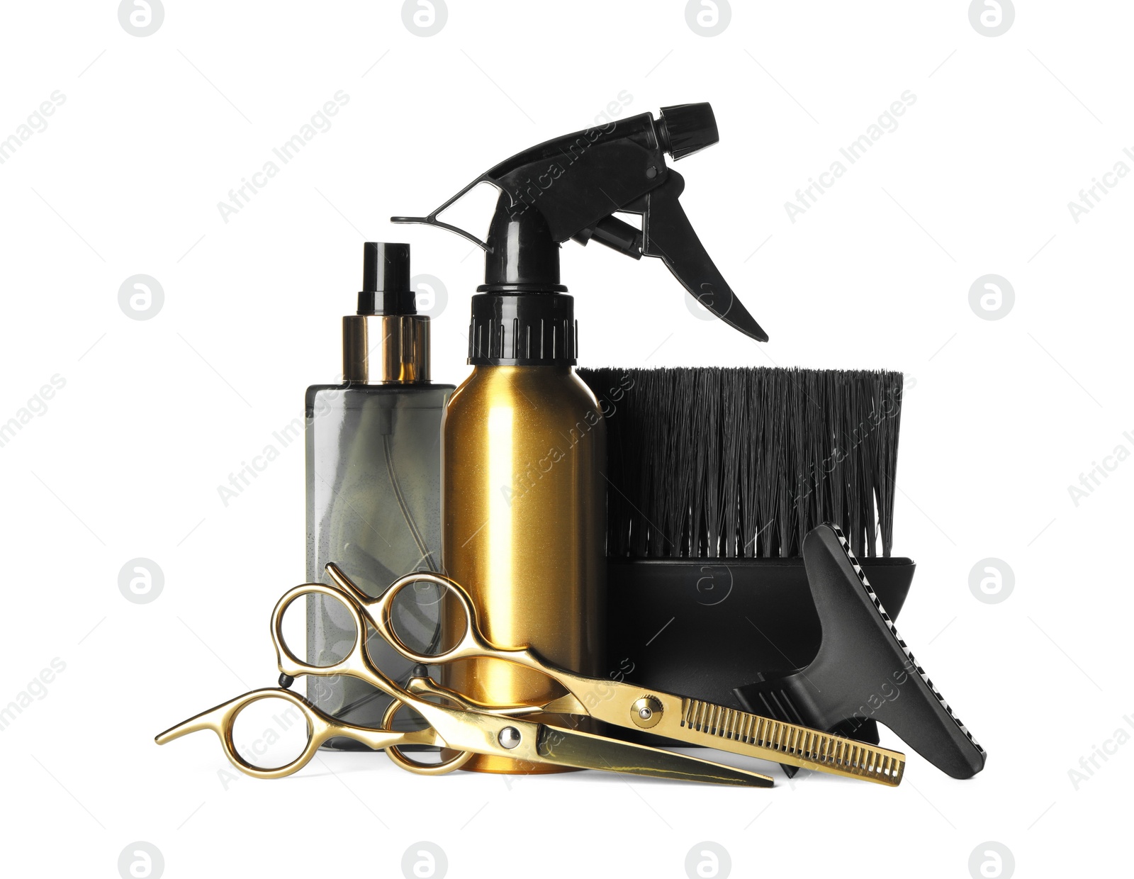 Photo of Set of professional hairdresser tools isolated on white