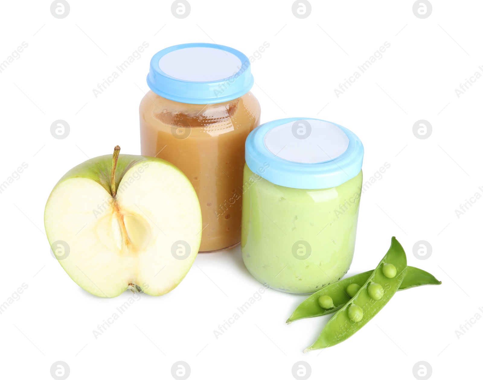 Photo of Jars with baby food, fresh pod with peas and apple on white background