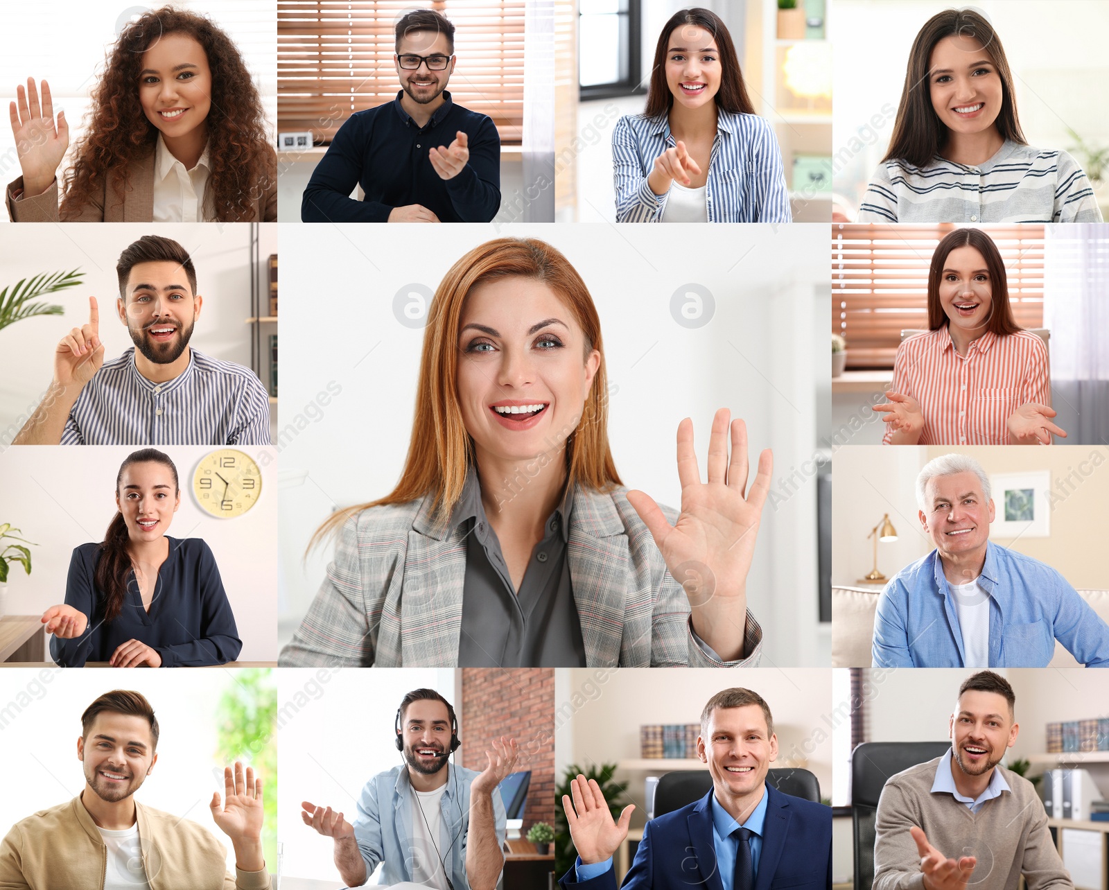 Image of Group video call, online conference. Different people, view from camera