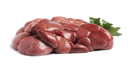 Photo of Fresh raw kidney meat with parsley on white background