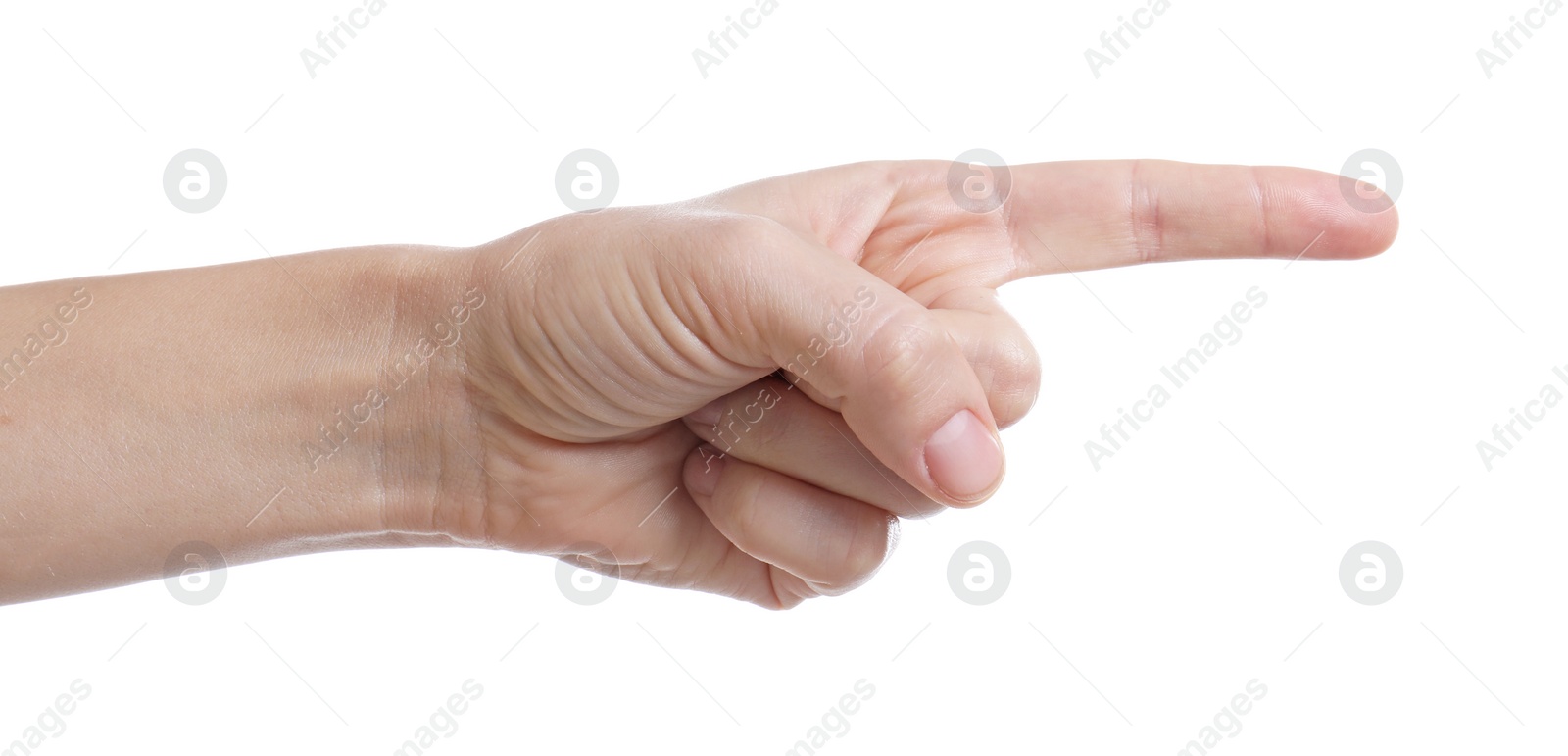 Photo of Woman pointing at something on white background, closeup of hand