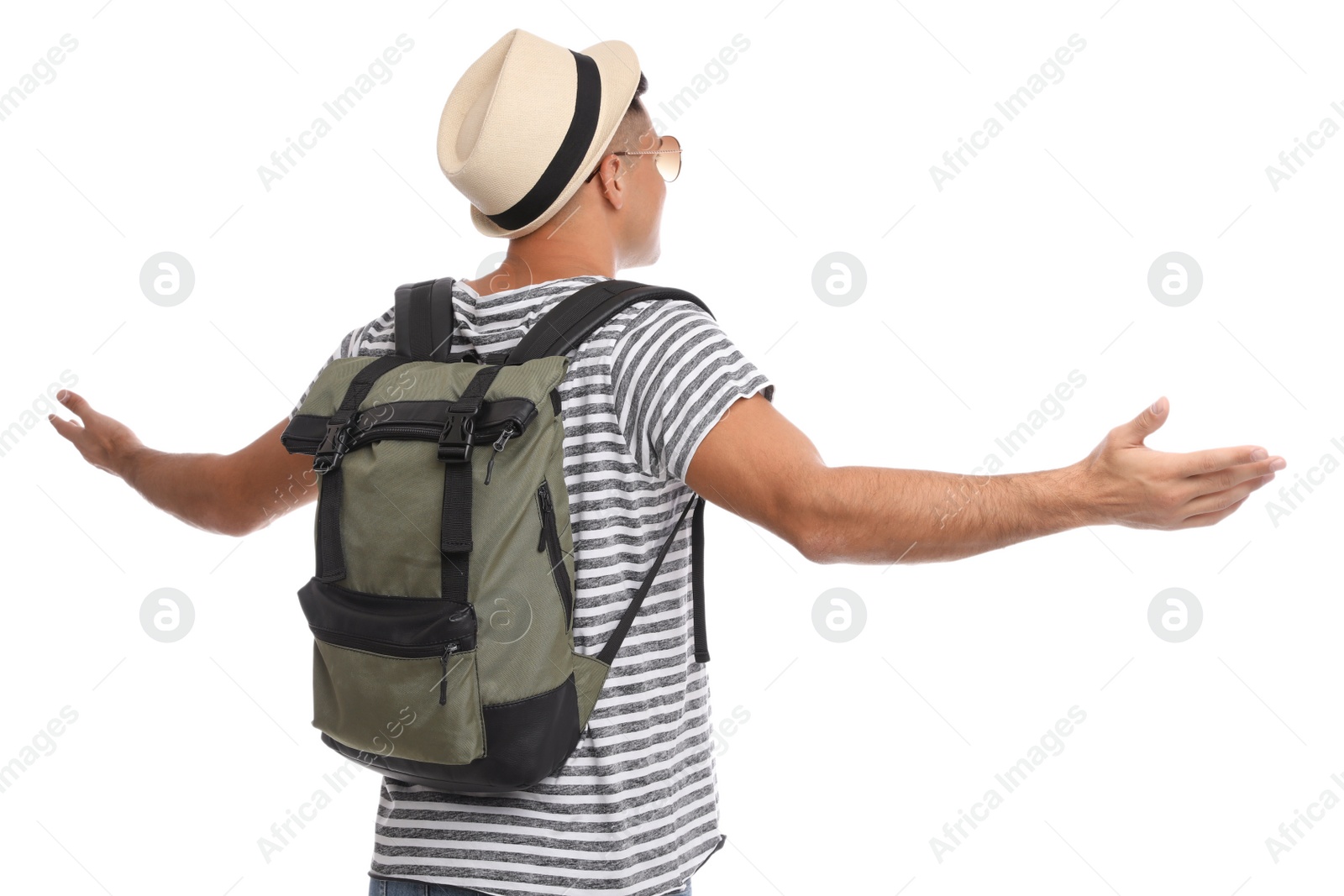 Photo of Man with hat and backpack on white background, back view. Summer travel