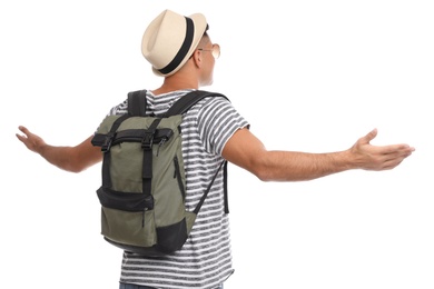 Photo of Man with hat and backpack on white background, back view. Summer travel