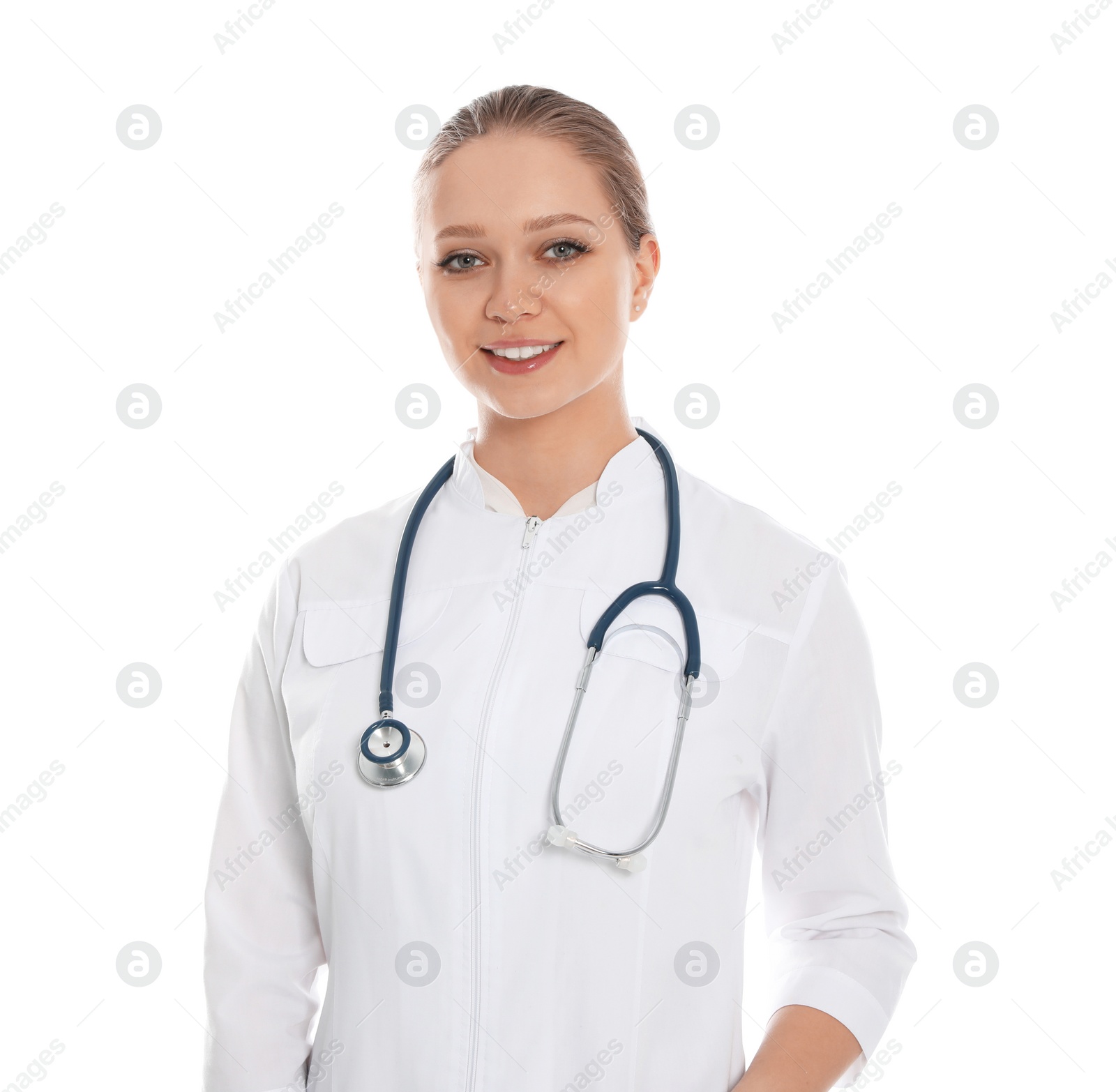 Photo of Portrait of medical doctor with stethoscope isolated on white