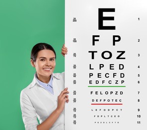 Image of Ophthalmologist with vision test chart on green background