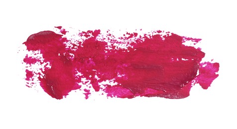 Photo of Crimson paint stroke on white background, top view