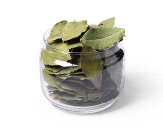 Aromatic bay leaves in glass jar on white background