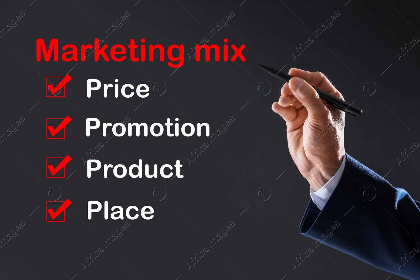 Image of Marketing mix concept. Businessman demonstrating 4P principles, closeup 