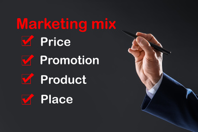Image of Marketing mix concept. Businessman demonstrating 4P principles, closeup 