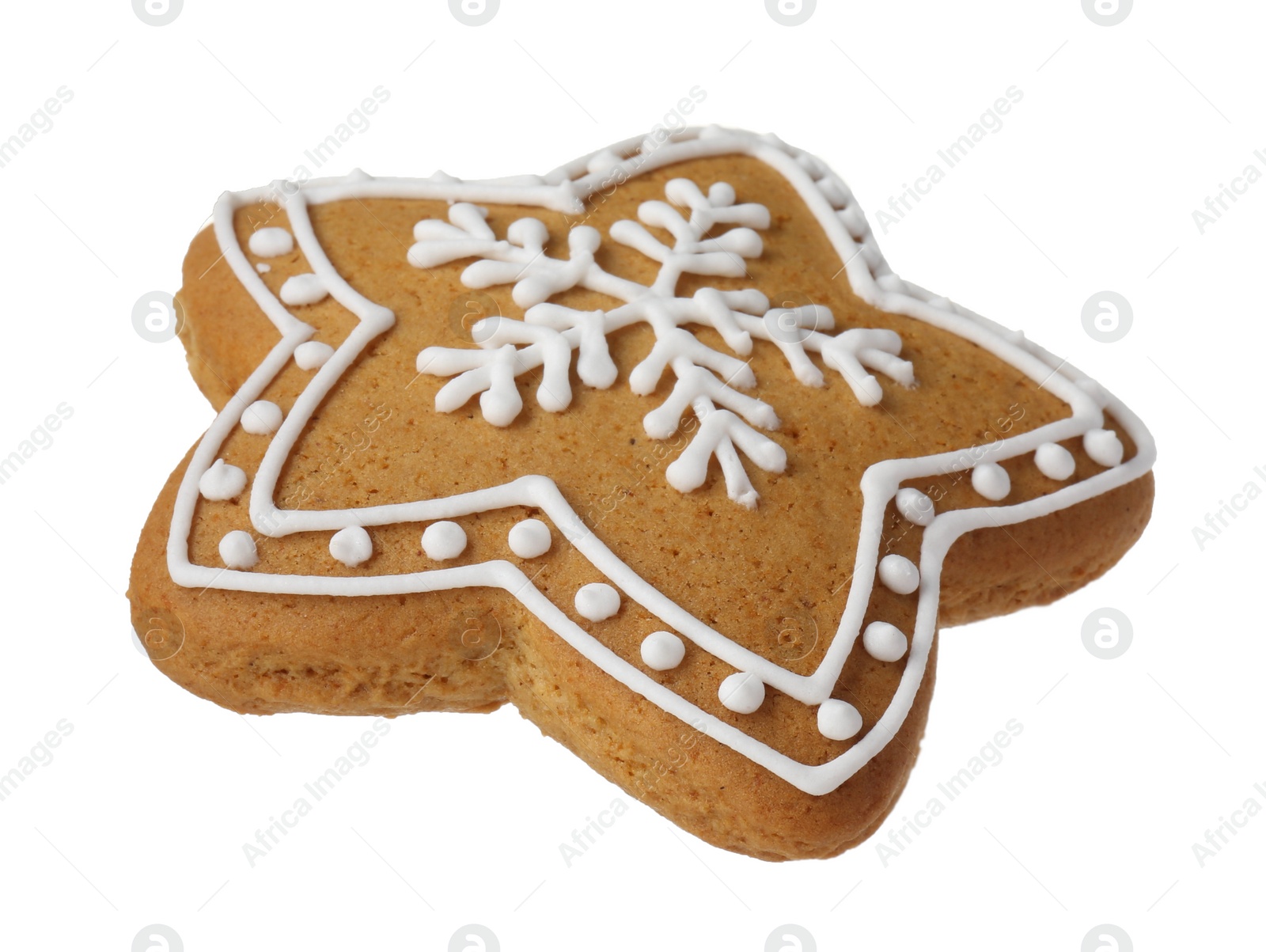 Photo of Tasty star shaped Christmas cookie with icing isolated on white