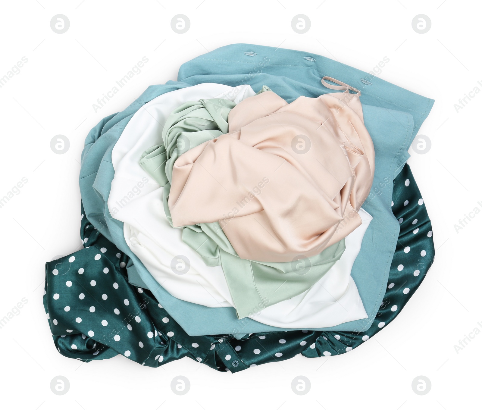 Photo of Pile of clothes isolated on white, top view