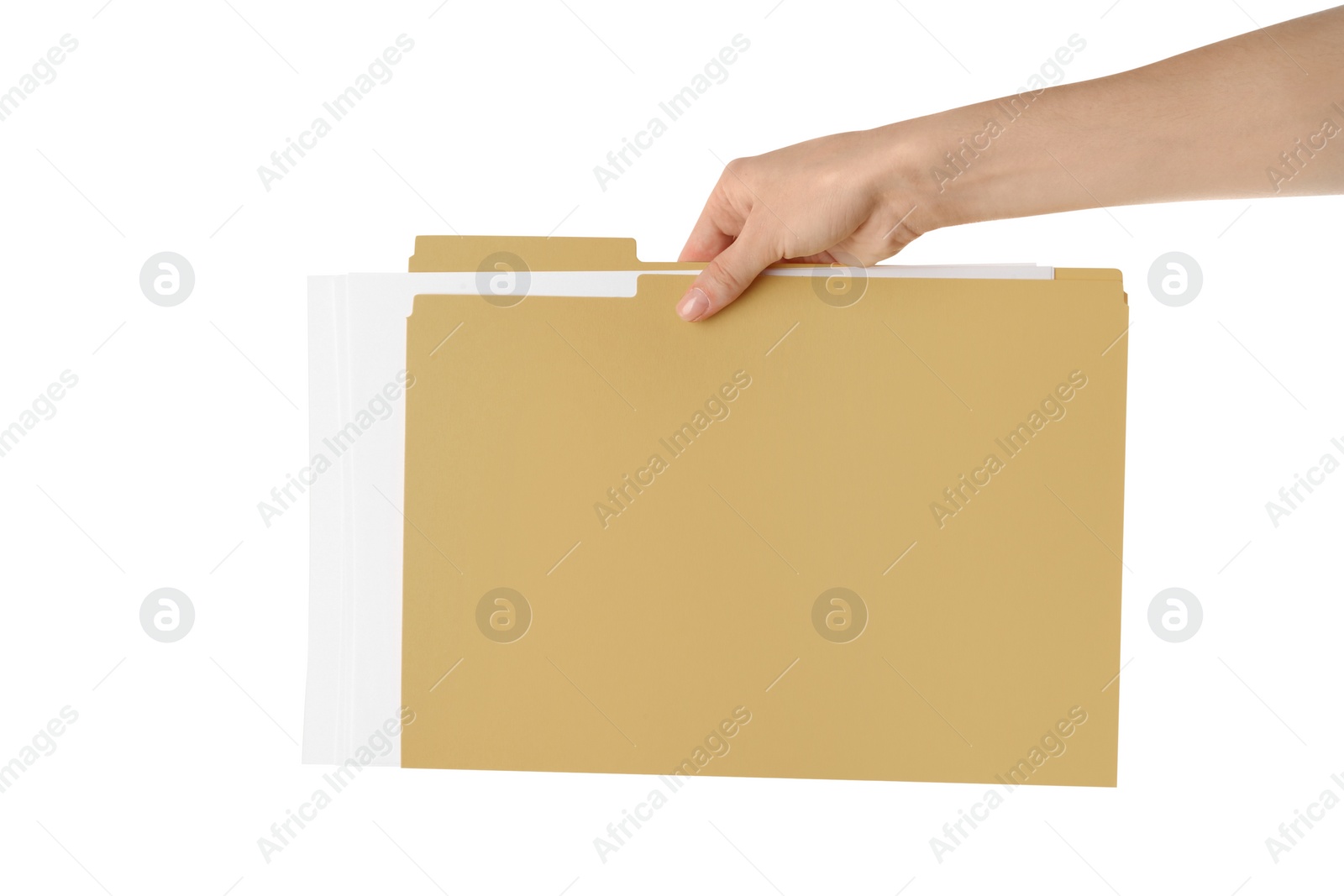 Photo of Woman holding yellow file with documents on white background, closeup