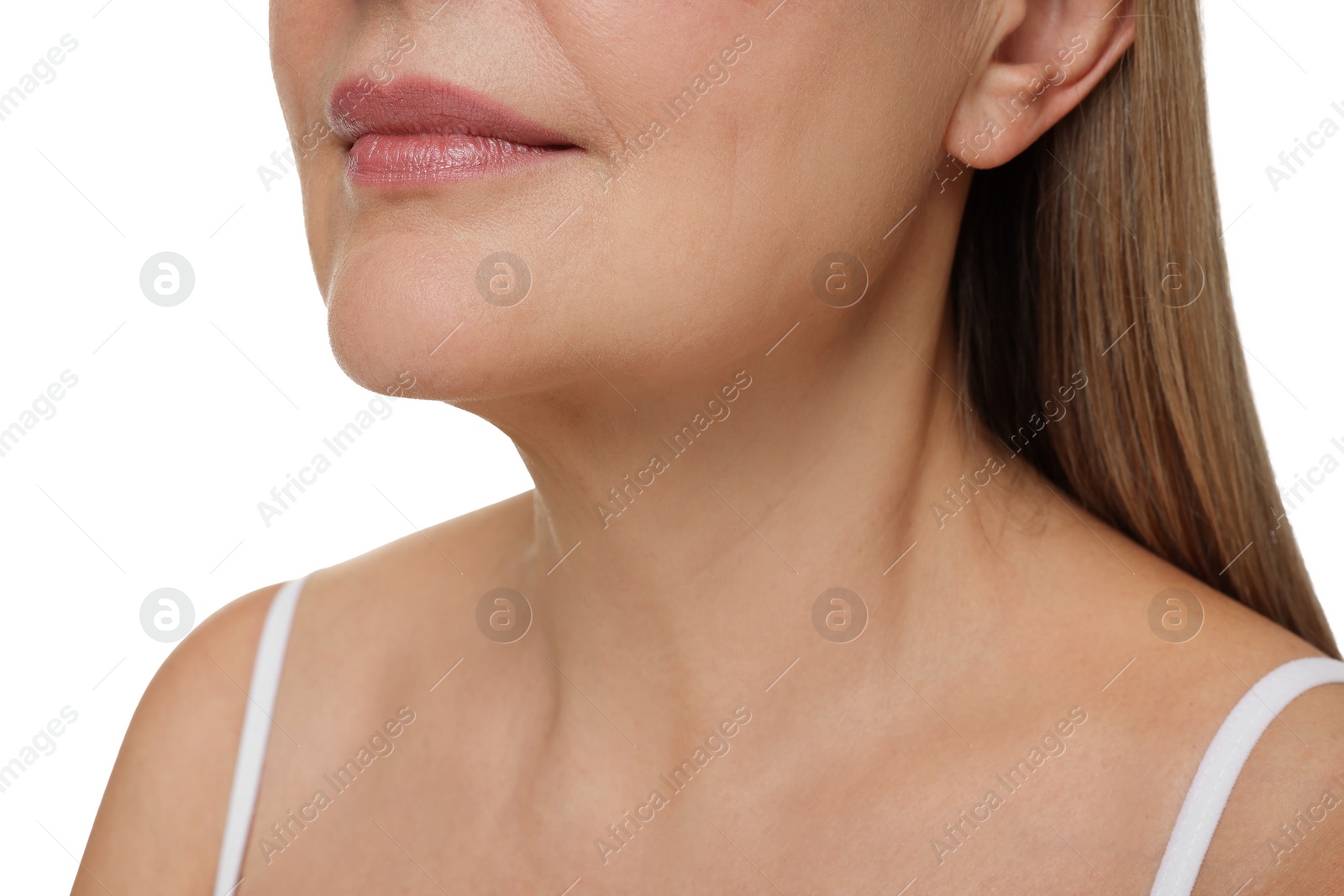 Photo of Mature woman with healthy skin on white background, closeup