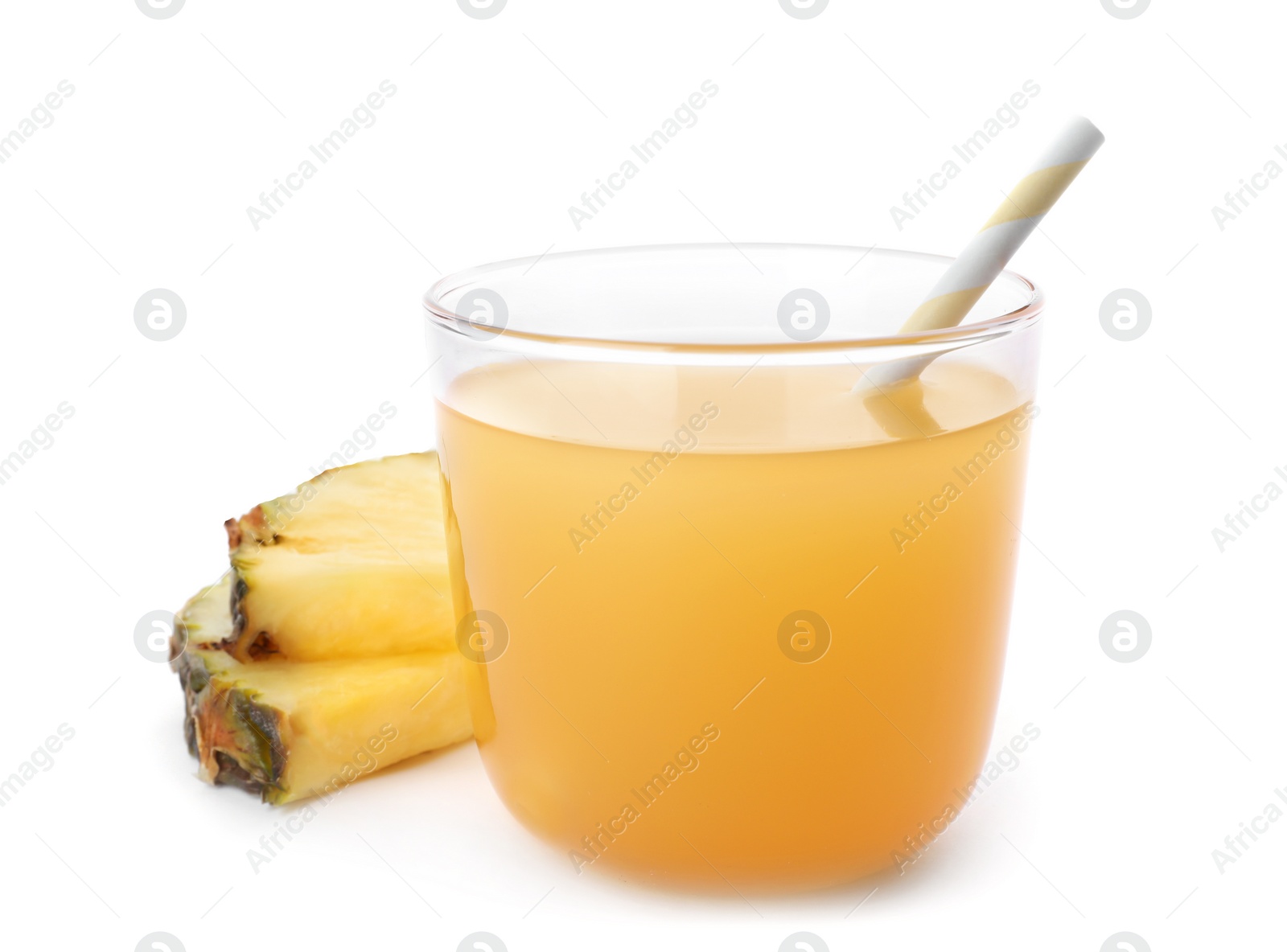 Photo of Glass with delicious pineapple juice on white background