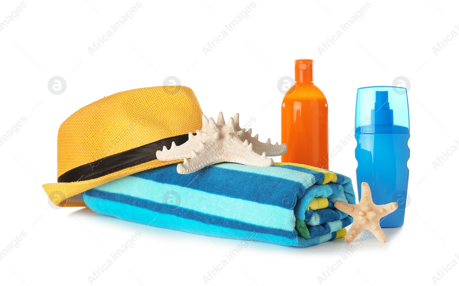 Photo of Composition with beach accessories on white background