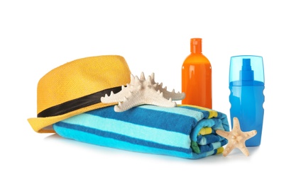 Photo of Composition with beach accessories on white background