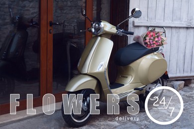 Image of Flowers delivery 24/7 service. Scooter with beautiful bouquet outdoors. Illustration of clock