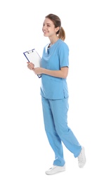 Full length portrait of medical doctor with clipboard isolated on white