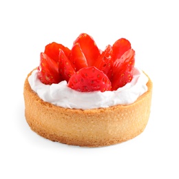 Delicious sweet pastry with berries on white background