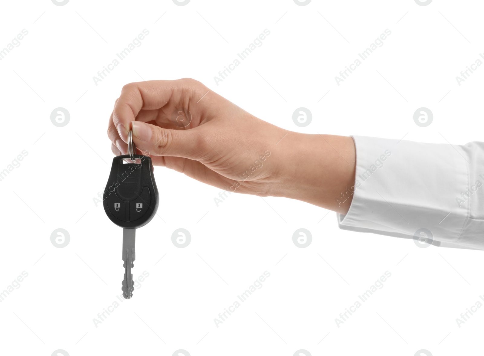 Photo of Woman holding car key isolated on white