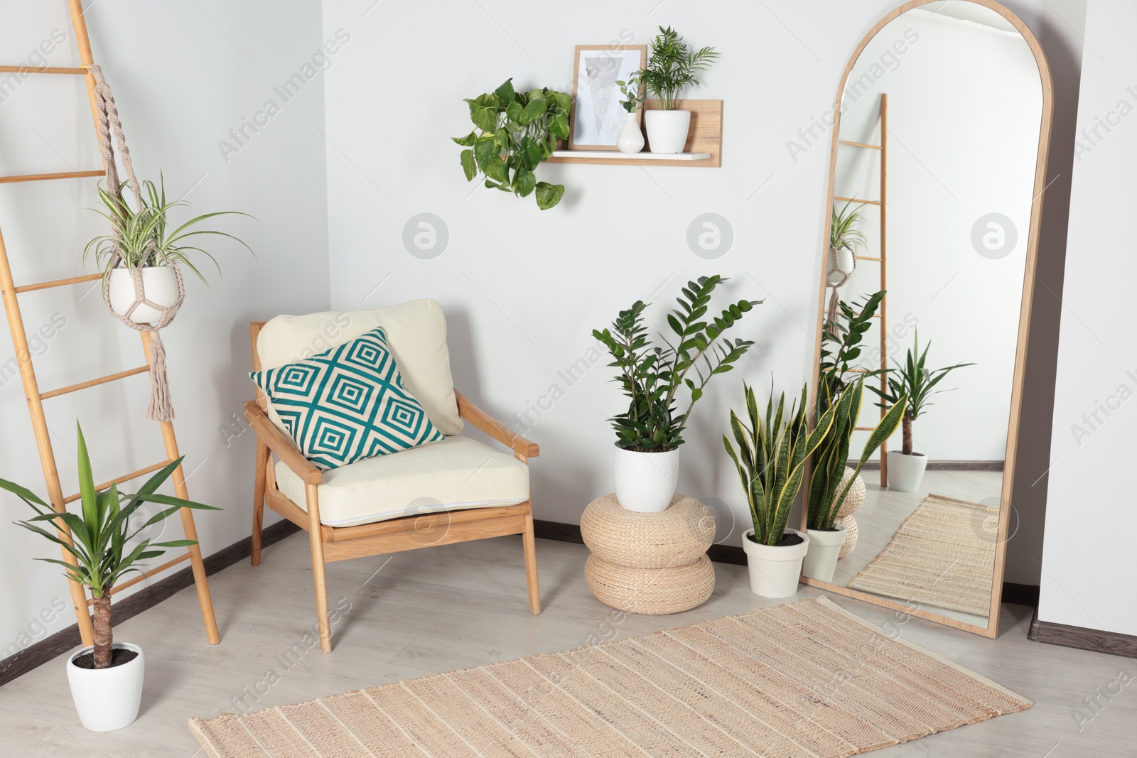 Photo of Stylish living room interior with wooden furniture, houseplants and full length mirror near white wall