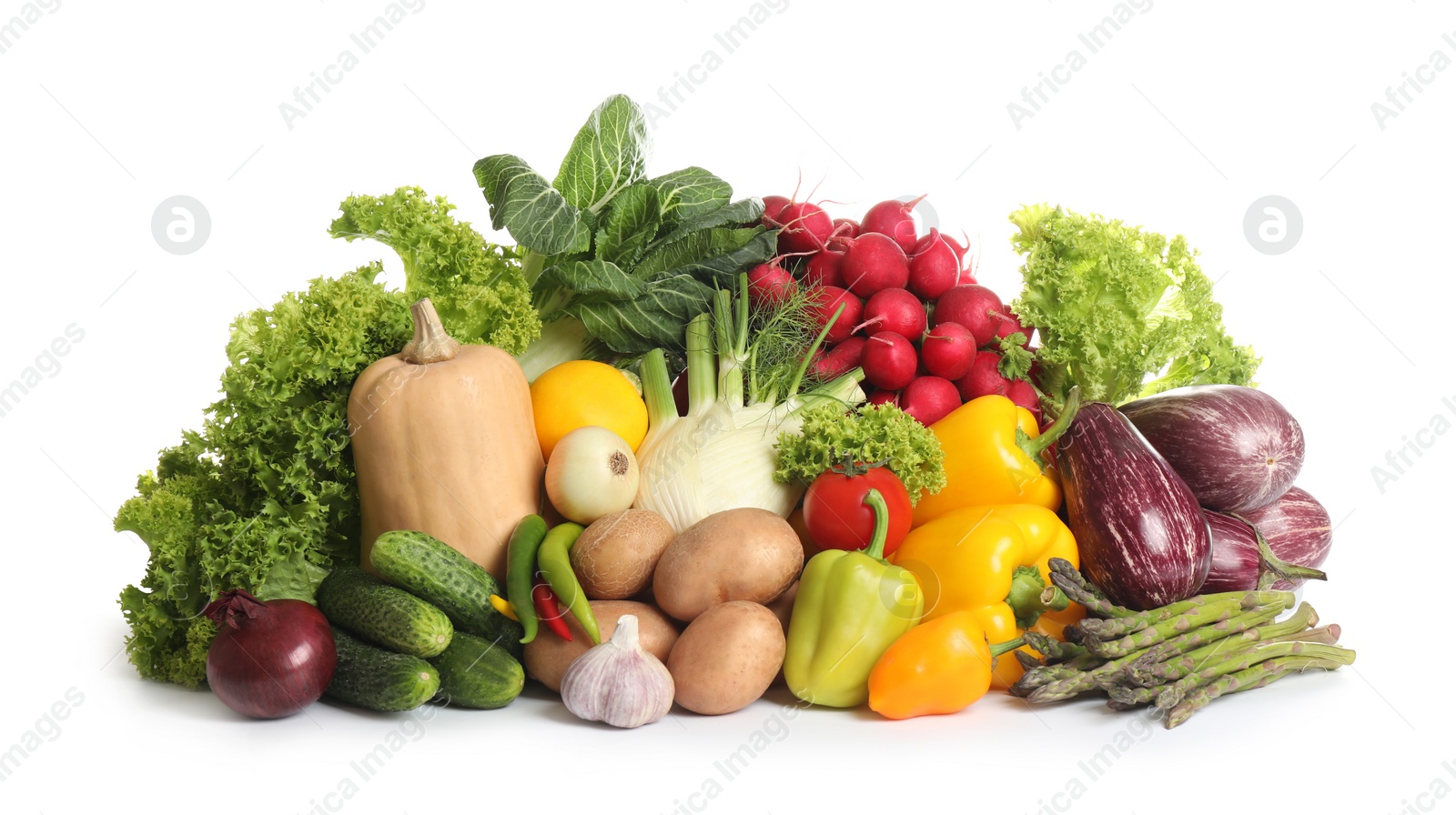 Photo of Different fresh ripe vegetables on white background