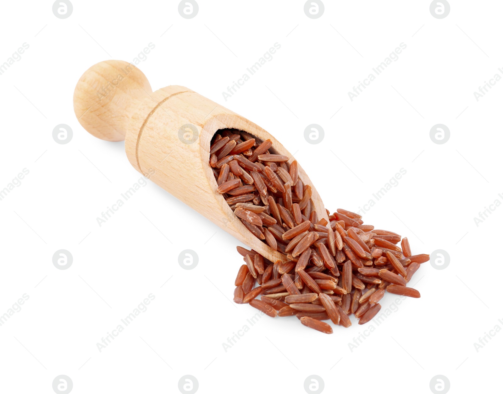 Photo of Scoop with raw red rice isolated on white