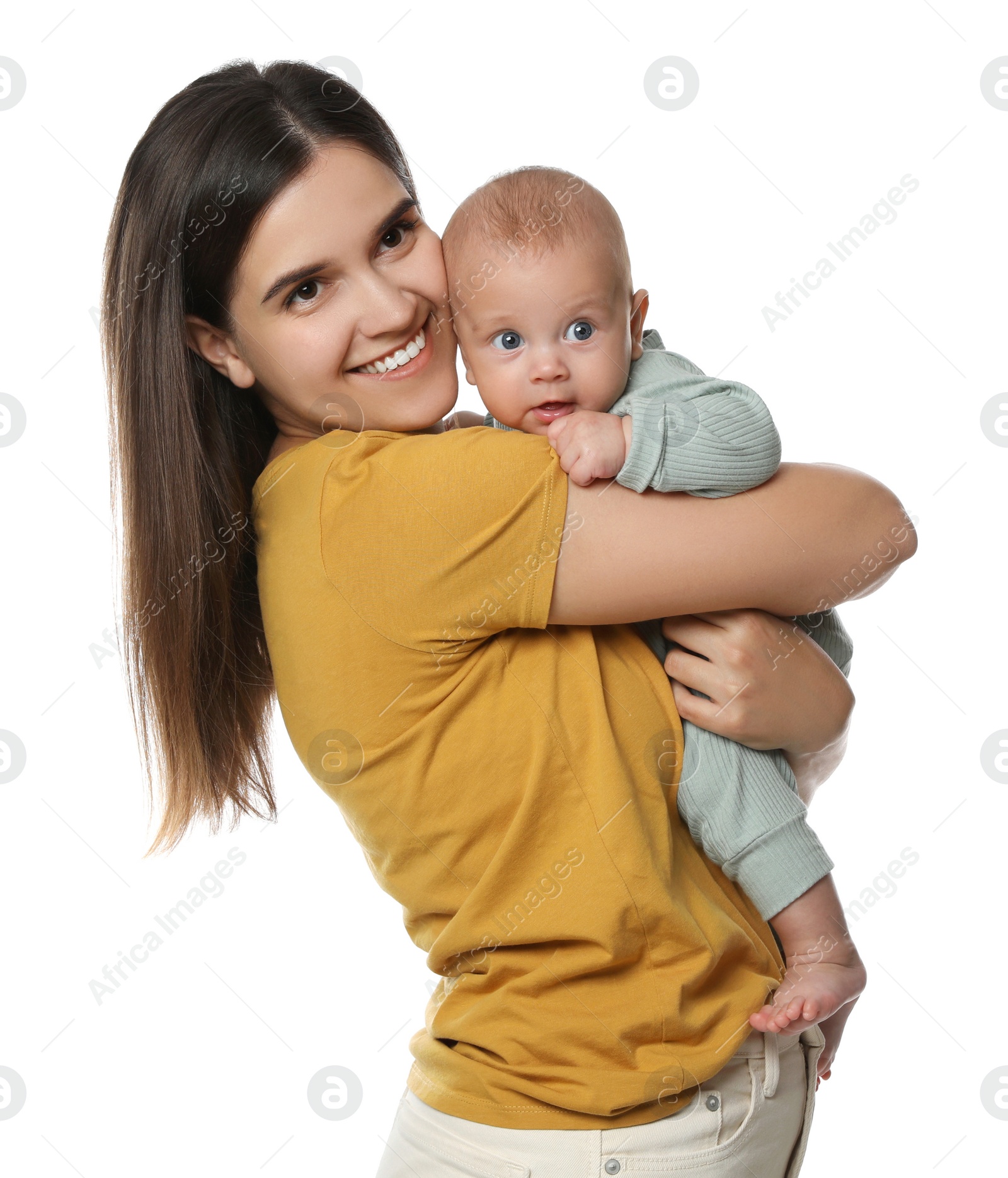 Photo of Beautiful mother with her cute baby on white background