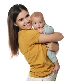 Photo of Beautiful mother with her cute baby on white background