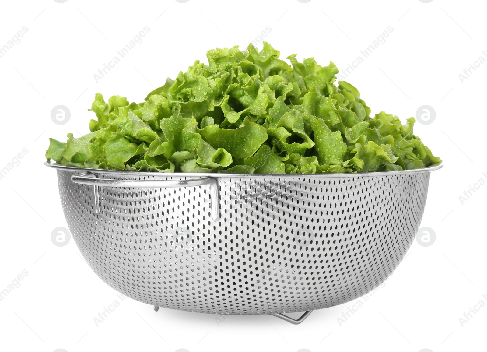 Photo of Metal colander with fresh lettuce isolated on white