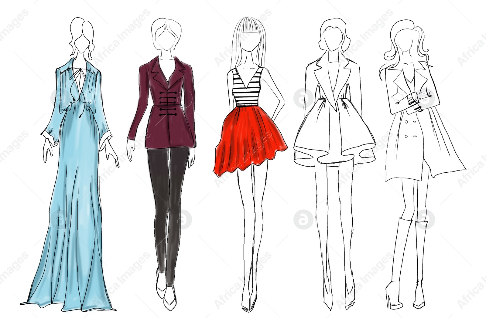 Illustration of Fashion sketch. Models wearing stylish clothes on white background, illustration