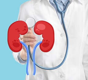 Image of Closeup view of doctor with stethoscope and illustration of kidneys on light blue background