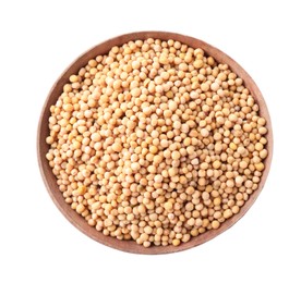 Mustard seeds in wooden bowl isolated on white, top view