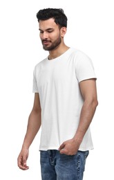 Photo of Handsome man in t-shirt on white background