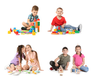 Image of Collage of cute little children playing on white background