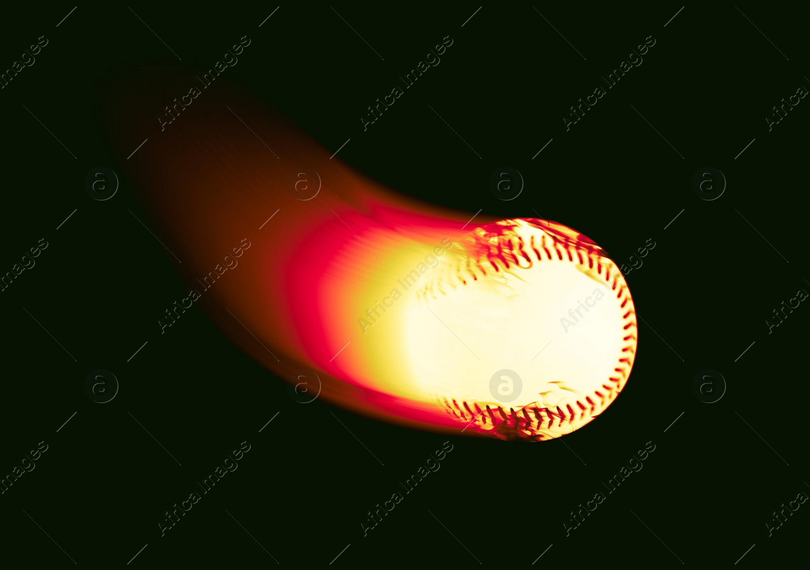 Image of Burning baseball ball flying at high speed on black background