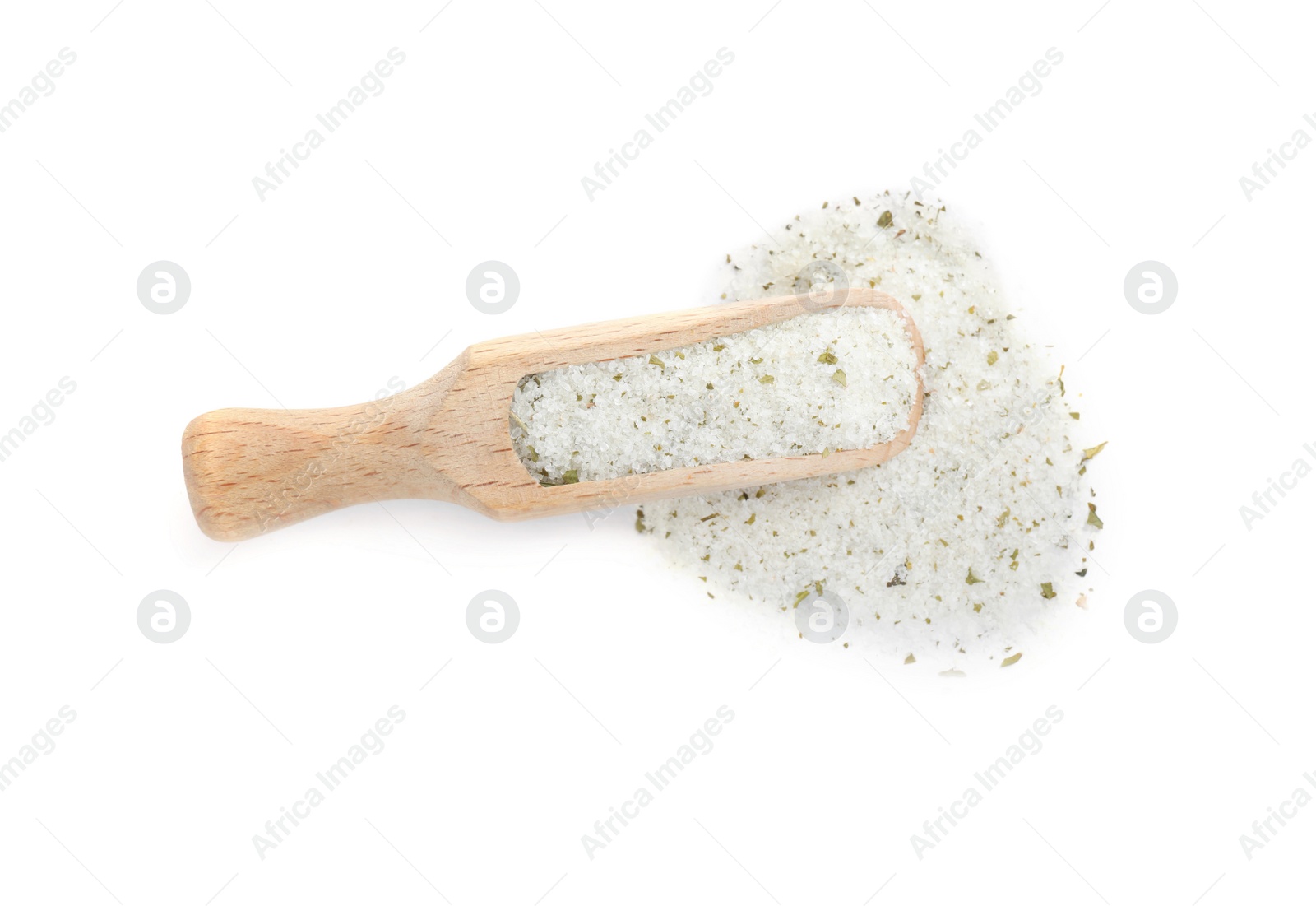 Photo of Wooden scoop with natural herb salt on white background, top view