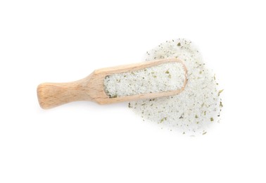 Photo of Wooden scoop with natural herb salt on white background, top view