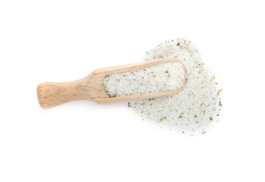 Wooden scoop with natural herb salt on white background, top view