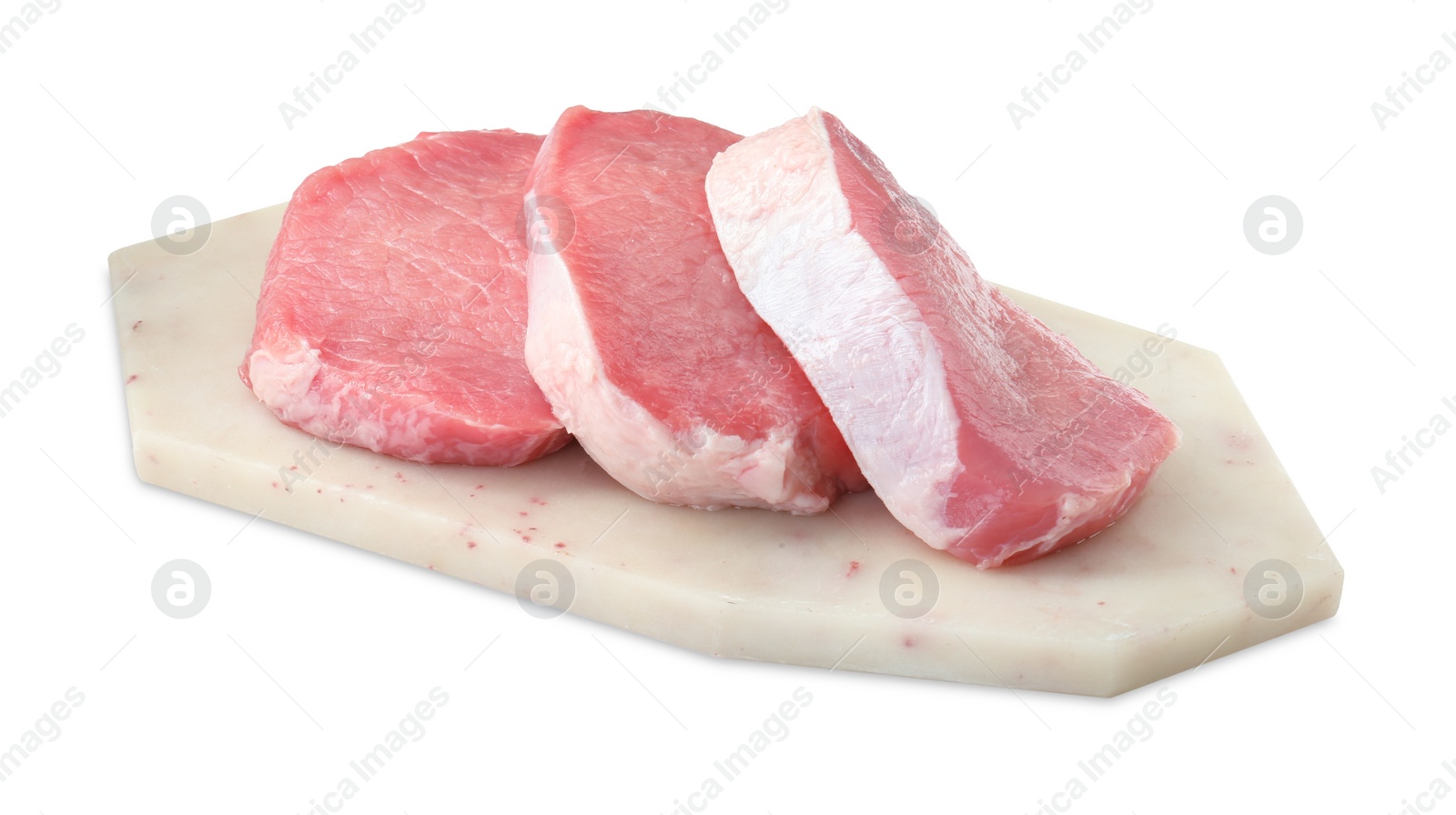 Photo of Board with pieces of raw pork meat isolated on white