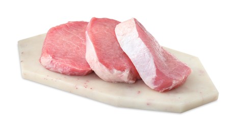 Photo of Board with pieces of raw pork meat isolated on white