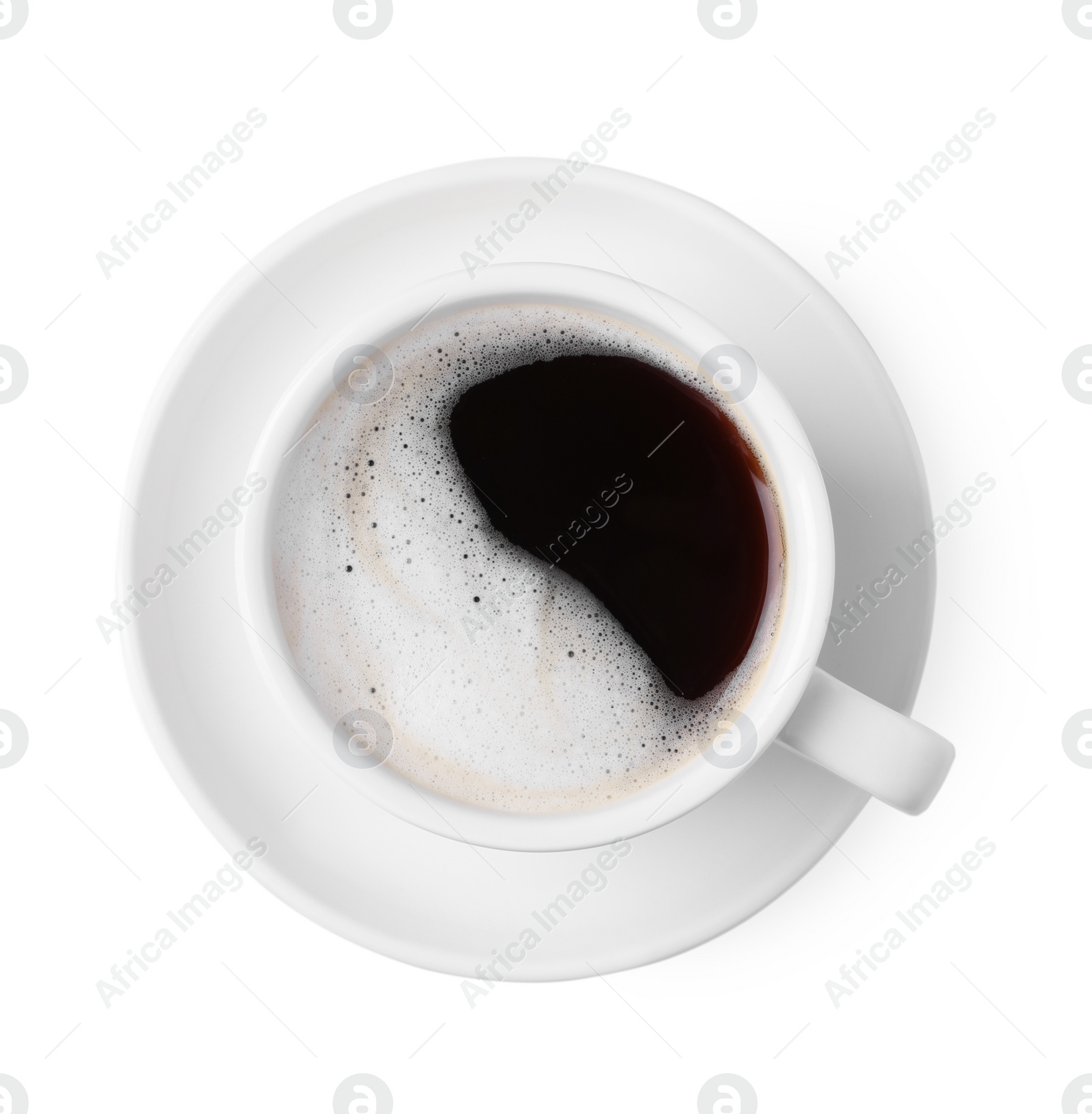 Photo of Tasty coffee in cup isolated on white, top view