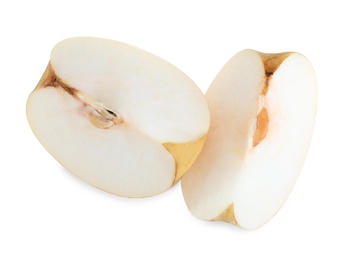 Photo of Cut fresh apple pear on white background, top view