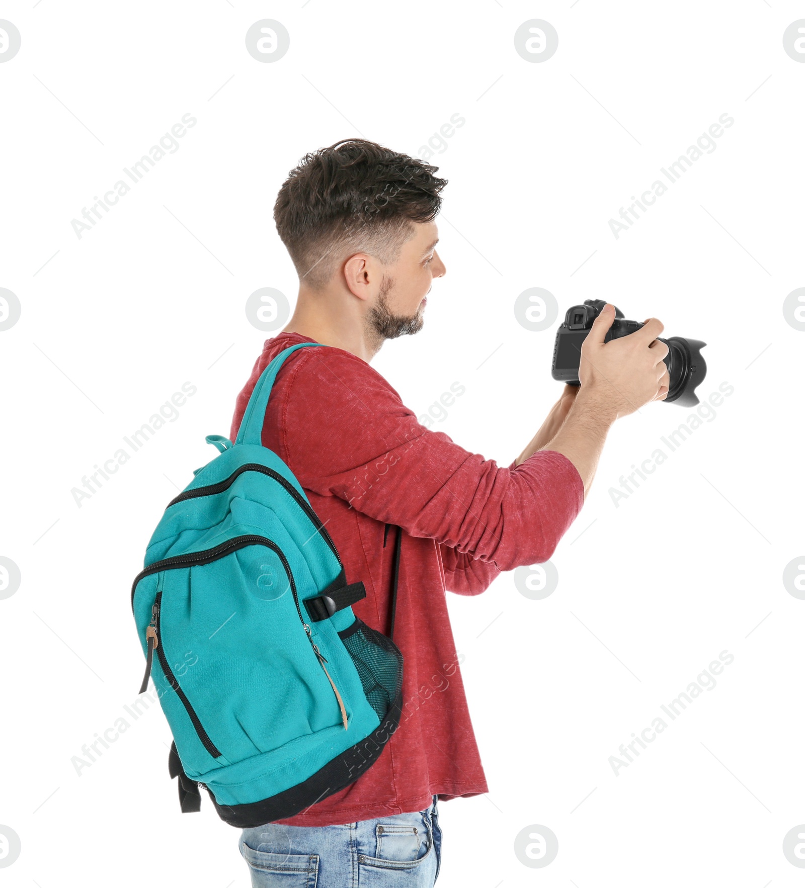 Photo of Male photographer with camera on white background